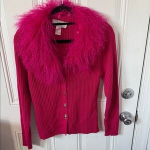 Lisa International Fuchsia Cardigan with Faux Fur Collar M